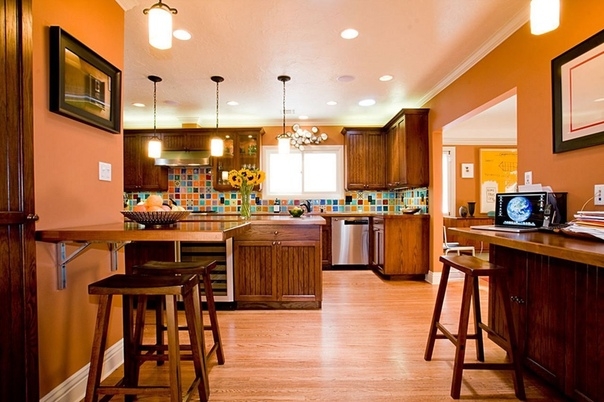 Оранжевый в интерьере кухни.