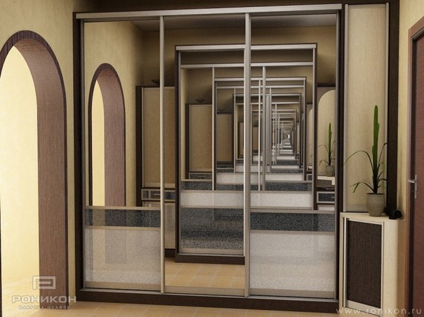 Зеркала – это неотъемлемая часть любого интерьера. Так и в дизайн-проекте «Зеркальный коридор» данный материал был использован по максимуму. 2 шкафа-купе, установленные напротив друг друга, создают иллюзию сказочного коридора. Для придания особого очарова