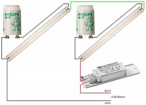 Наглядная схема подключения двух люминесцентных ламп
